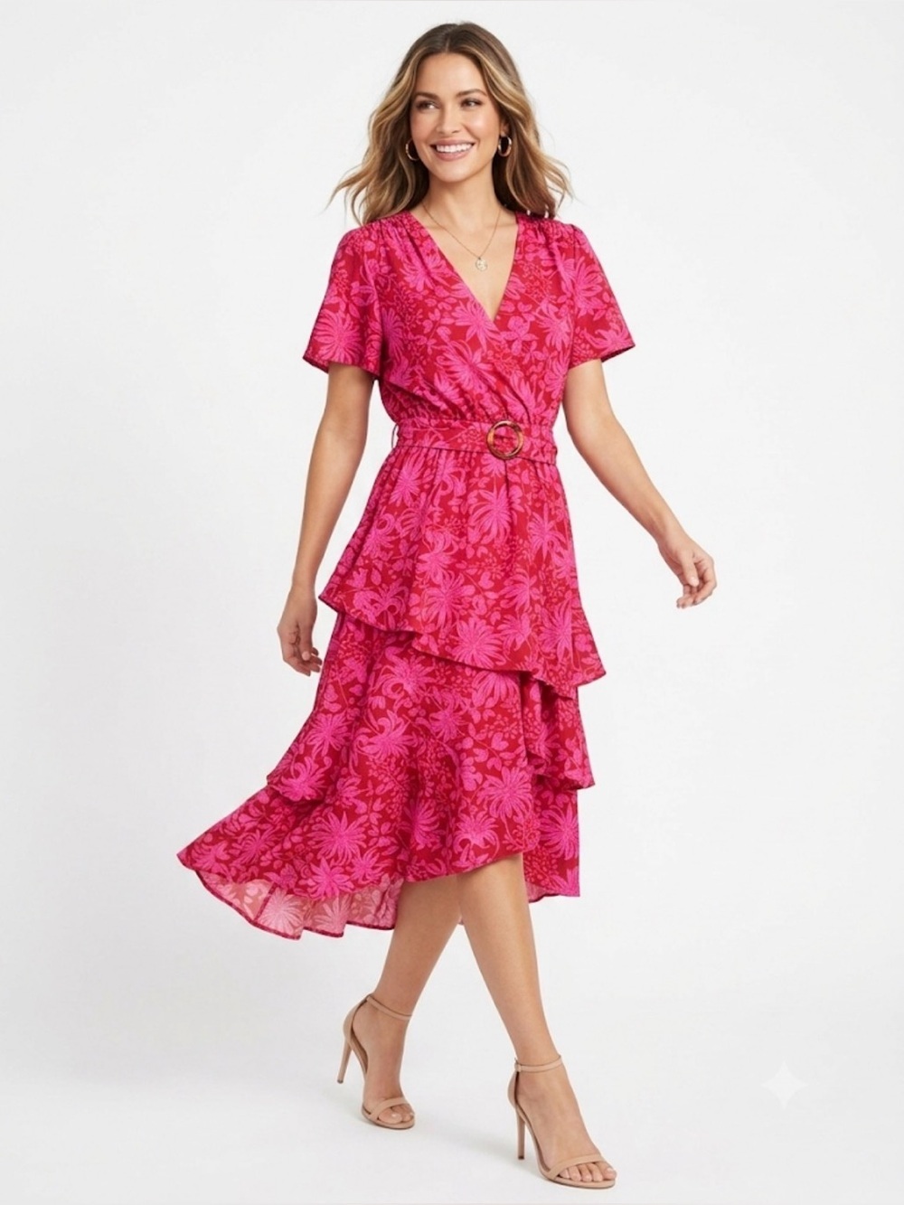 Sofia Jeans by Sofia Vergara Red Pink Floral Wrap Dress M V-Neck Ruffle Hem